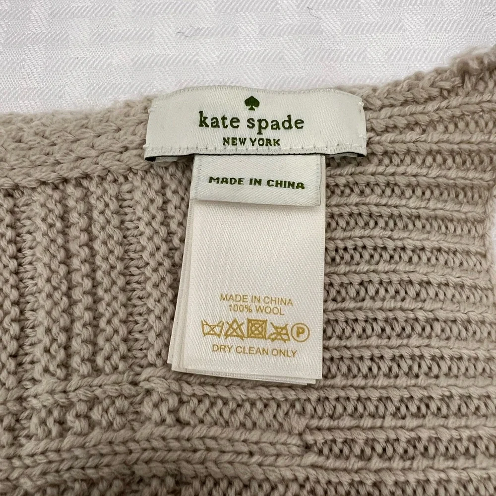 Kate Spade Beige Knit Scarf Black Bow Appliqué